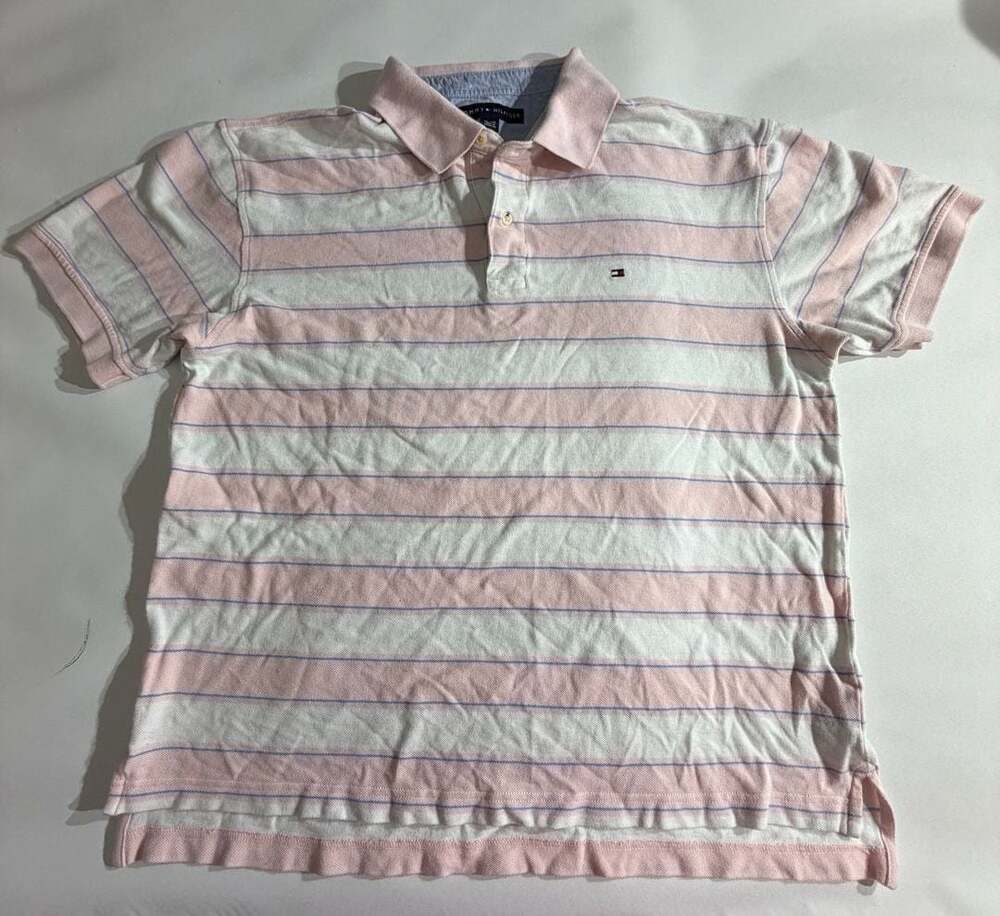 Tommy Hilfiger Pink White Blue Striped Short Sleeve Polo Shirt Mens XL